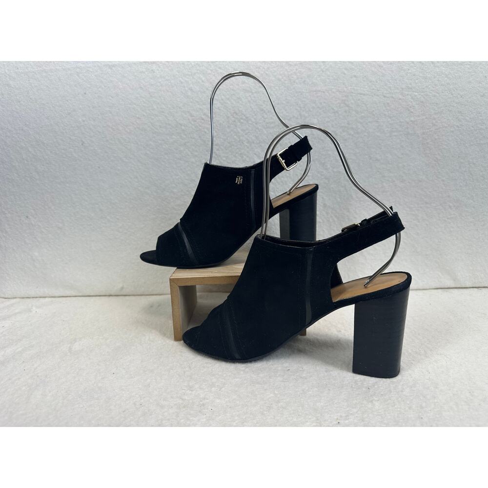 Tommy Hilfiger Relita Black Suede Peep-Toe Block Heel Sandal Women's Size 9